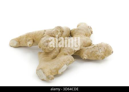 Ginger root isolated on white, showcasing organic details and distinctive roughness under studio light. Stock Photo