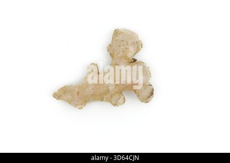 Raw ginger root displayed on a crisp white background, highlighting shape and details. Stock Photo