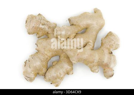 Ginger root isolated on white backdrop, showing natural imperfections and texture. Stock Photo