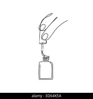 Minimalist line art hand holding nail polish brush. Vector illustration for beauty, cosmetics, fashion, wellness, manicure, self-care concepts. Stock Vector