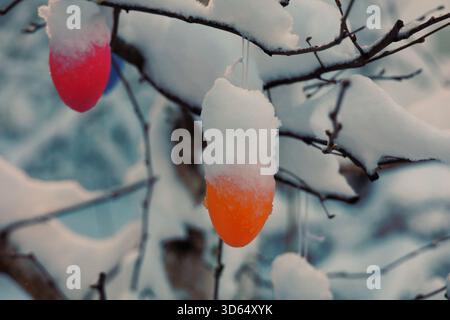 A tree branch covered in snow and two eggs hanging from it Stock Photo