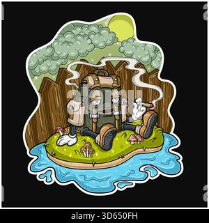 Cartoon Mascot Character of Backpack sitting in grass and enjoying cigarette and afternoon background in the backyard.  Perfect For Label, Cover, Pack Stock Vector