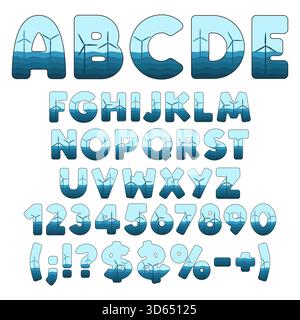 Font, alphabet with waves and windmills, wind turbines. Isolated vector objects on white background. Stock Vector