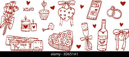Whimsical Valentine doodle set. perfect for greeting cards, romantic design, or party invitations Stock Vector
