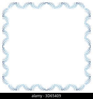 Square frame of arcs. Elegant geometric decor of curved dotted lines. Blue gradient ornamental geometric fantasy border. Creative blue border with pla Stock Vector