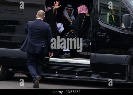 Washington, United States. 18th Nov, 2025. Members of the Saudi Arabian delegation load into a van to depart the White House in Washington, on Nov. 18, 2025. Credit: Abaca Press/Alamy Live News Stock Photo
