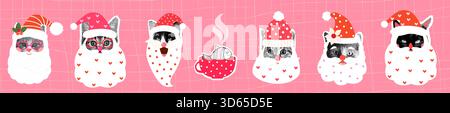 Funny and cute vector Santa Claus cat faces with hats, Half tone retro Christmas hipster collage kitty heads with beards illustration Stock Vector