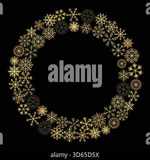 Gold Christmas vector wreathe with snowflakes for holiday greeting cards Stock Vector