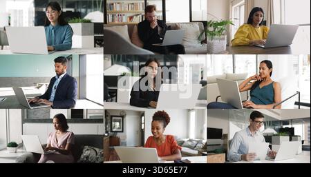 Diverse businesspeople working on-line using laptops, collage view Stock Photo