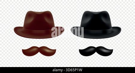 Vector 3d Realistic Hat and Mustache Set in Brown and Black. Vintage Gentleman Hat and Mustache for Barbershop, Retro Costume, Hipster Design. Hat and Stock Vector