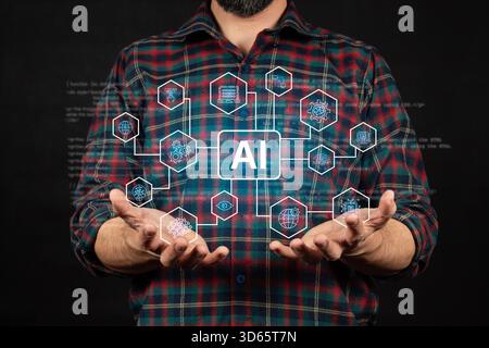 Close up to a man holding an AI elements diagram concept Stock Photo