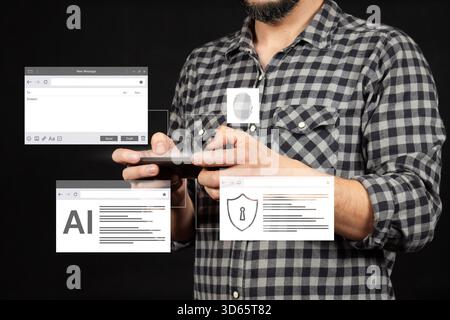 Close up to a man at the right side of the screen using a smartphone with an AI digital security interface Stock Photo