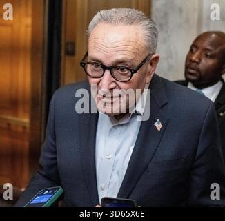 Washington, Vereinigte Staaten. 18th Nov, 2025. United States Senate Minority Leader Chuck Schumer (Democrat of New York stops and talks with the press as he enters the US Capitol in Washington, DC, USA on November 18th 2025. Credit: Andrew Thomas/CNP/dpa/Alamy Live News Stock Photo
