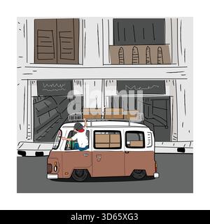 Retro vintage delivery van with a driver and a worker carrying boxes on the road with old shops at background. Stock Vector