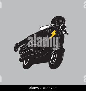 Classic vintage retro scooter in black illustration vector with the rider in flying racing position and a yellow lightning design on the legs shield. Stock Vector