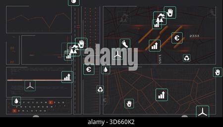 Displaying right-side map panel showing geolocated metrics on dark dashboard, with teal icons Stock Photo
