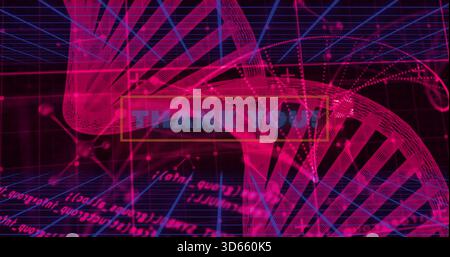 Twisting magenta dna helix dominating blue grid plane, displaying THANK YOU label Stock Photo
