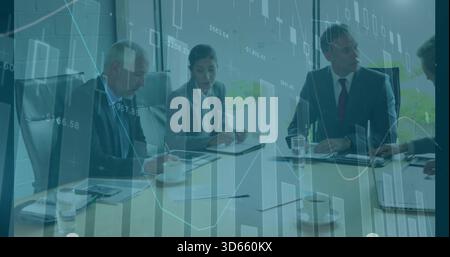 Analyzing group of five professionals wearing suits in modern meeting room, with laptop overlay Stock Photo