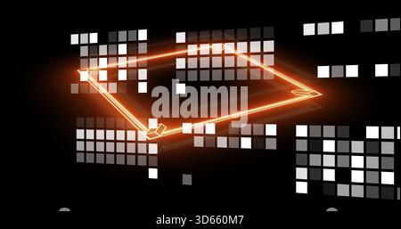 Glowing orange neon wire diamond floating in digital UI, emitting node highlights and tile clusters Stock Photo