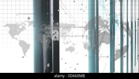 Displaying glass panels with teal mullions reflecting in office, with dotted world map overlay Stock Photo