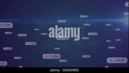 Displaying central bright cluster linking nodes on dashboard, with pill tags, icons, light flare Stock Photo