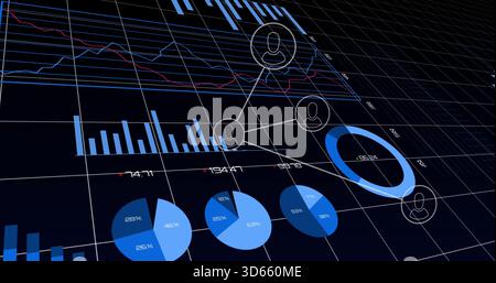 Displaying user-icon cluster forming network on tilted 3D grid, with donut chart and line graphs Stock Photo