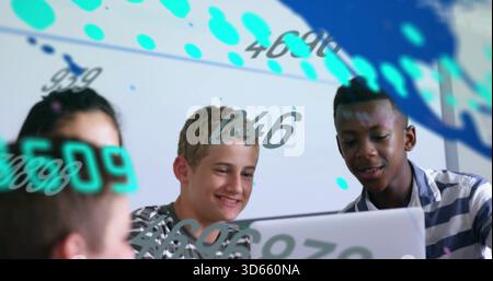 Working group of four leaning over laptop at classroom table, with AR overlays and striped shirts Stock Photo