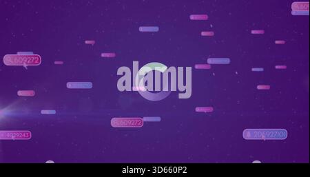 Displaying central circular loading spinner rotating in digital interface, with floating data tags Stock Photo