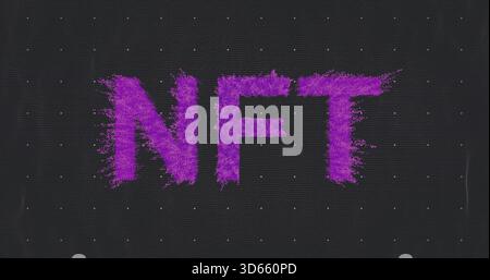 Displaying bold purple NFT letters spreading particle fragments on dark digital canvas, dotted grid Stock Photo