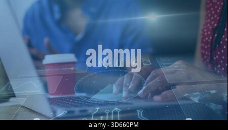 Typing hands on laptop keys in office showing holograms, red cup blue-shirt red-polka-dot-blouse Stock Photo