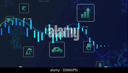 Displaying centered cyan candlesticks and glowing trend line on digital dashboard, icons visible Stock Photo