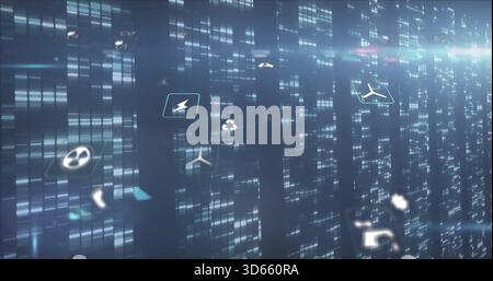 Glowing vertical data wall showing floating bolt, recycling, wind icons in digital city, UI panels Stock Photo