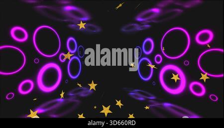 Glowing magenta and violet rings forming mirrored tunnel toward dark void, with golden stars Stock Photo