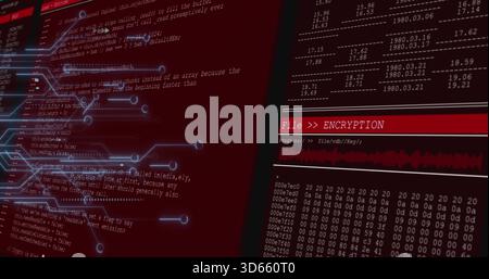 Displaying dual-panel security UI at desk showing code, circuit traces, encryption header, hex dump Stock Photo