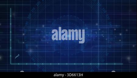 Displaying central data hub glowing within virtual interface, with protractor and turquoise nodes Stock Photo