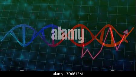 Displaying multicolor DNA helix running across grid, with magenta line graph arrow, specks, bokeh Stock Photo