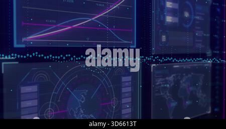 Displaying analytics dashboard panels glowing at command console, showing line charts and radar Stock Photo
