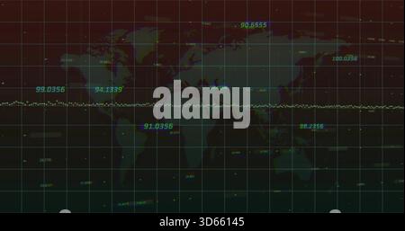 Displaying equirectangular map with gridlines and equatorial dotted data trace, glowing labels Stock Photo