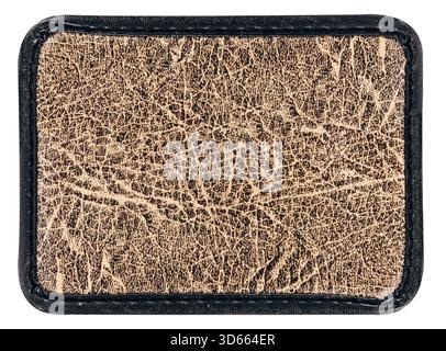 Isolated photo of brown leather patch with black stitched border on white background. Stock Photo