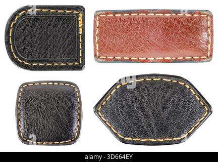 Isolated photo of various colored leather patches with stitched borders on white background. Stock Photo