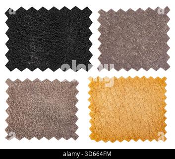 Isolated photo of brown and black suede and leather patches with ornate borderings on white background. Stock Photo