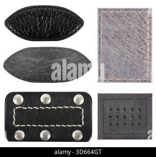 Isolated photo of various black leather patches with stitch borders, rivets or studs and perforation on white background. Stock Photo