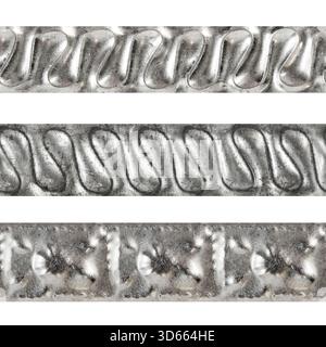 Isolated seamless 4k photo of metal or steel decorative and engraved armor strap lines on white background. Stock Photo