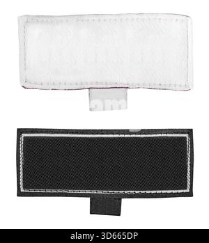 Isolated photo of black and white colored cloth label with stitched borders on white background. Stock Photo