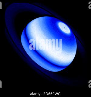 Composite ultraviolet image of Saturn. This image is derived from data taken by three distinct missions, Voyager 1, Cassini and the Hubble Space Telescope between 1980 and 2017. Stock Photo