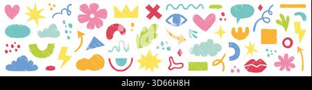 Crayon brush sticker cute organic shape set. Hand drawn sketch doodle scribble pastel brush geometric shape crayon effect background. Abstract arrow, circle, zigzag elements. Vector illustration Stock Vector
