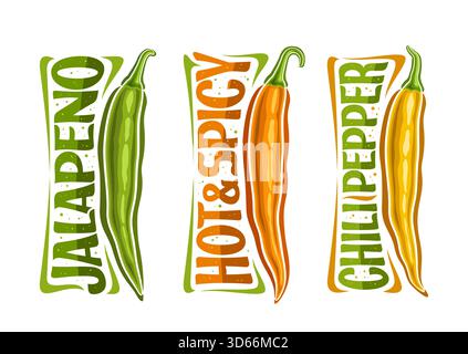 Vector Chili Pepper Set, horizontal poster with cartoon design colorful whole spicy peppers, decorative placard with unique brush lettering for differ Stock Vector