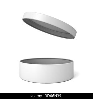 Blank white open cylinder box with lid isolated on white background with shadow 3D rendering Stock Photo