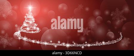Fairy light spiral shiny sparkling christmas tree lines banner with snowflakes and bokeh on red background Stock Vector