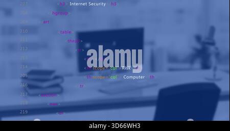Displaying flat-screen monitor in office showing keyboard and mouse, laptops, chair, HTML overlay Stock Photo